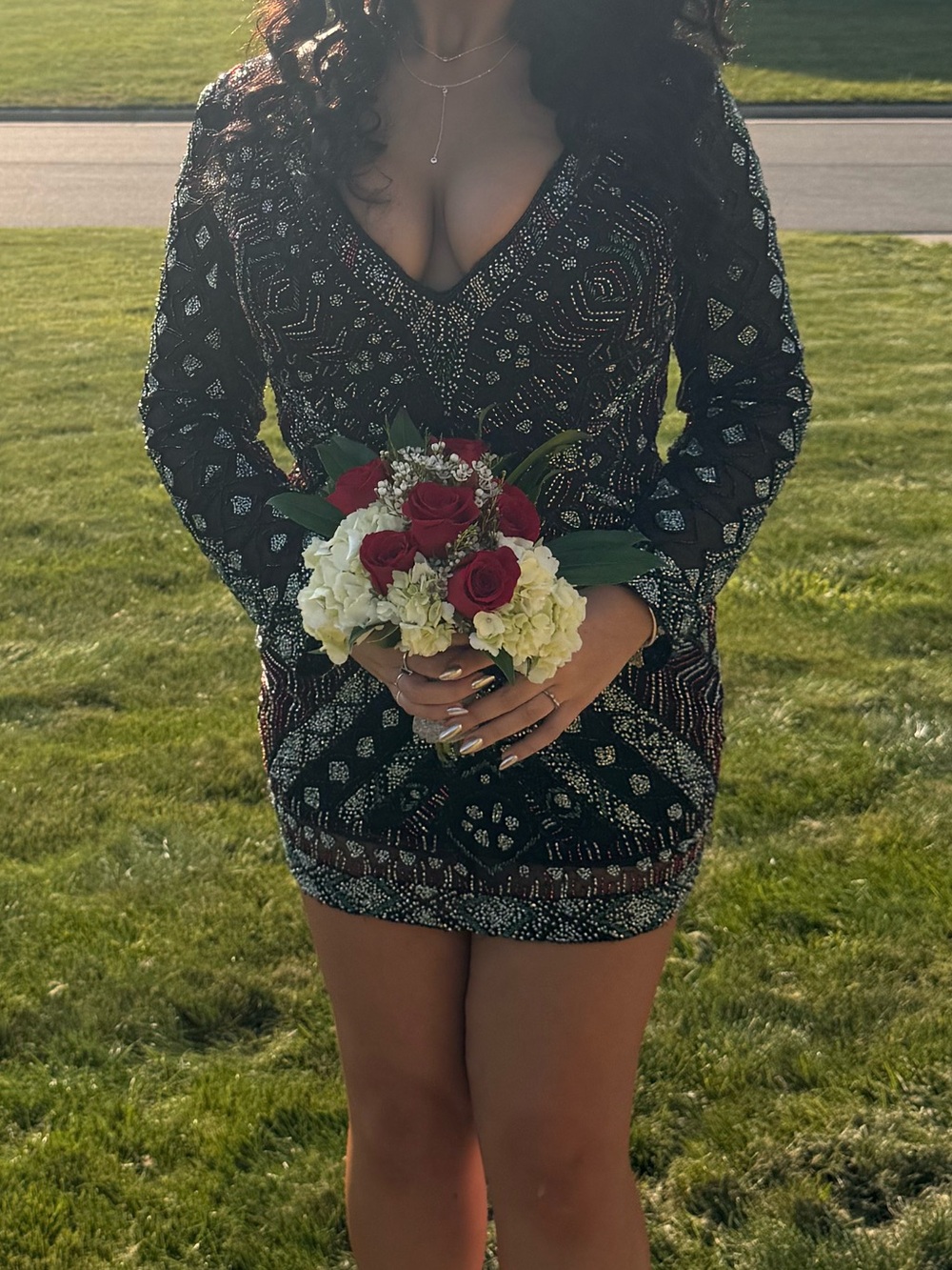 Henri’s …Embellished Black V-Neck Long Sleeve Mini Dress